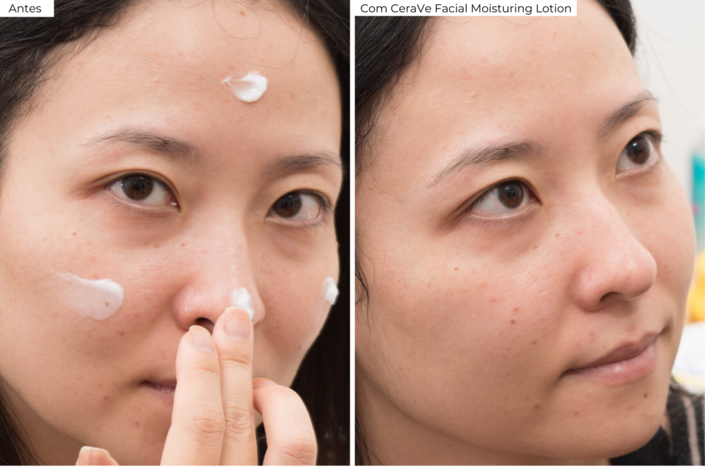 Comparação da pele usando a Loção Hidratante Facial CeraVe
